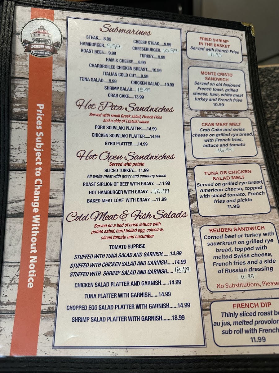 Sparrows Point Restaurant Menu - Image 1